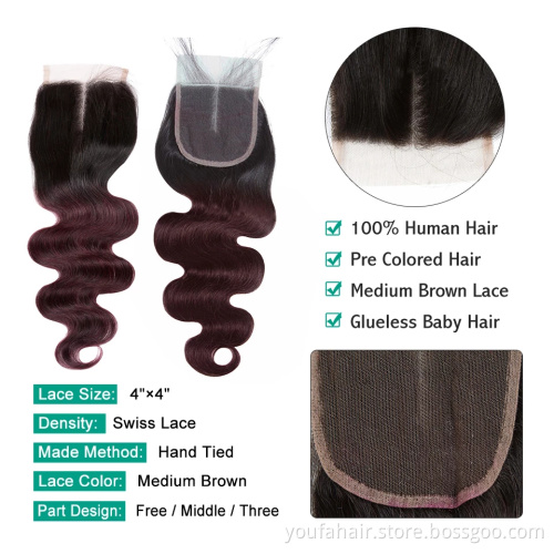 Human Hair Ombre Two Tone Body Wave 4x4 Lace Closure Factory Peruvian Virgin Hair Lace Closure 1B 27 350 99j Swiss Lace Closures
